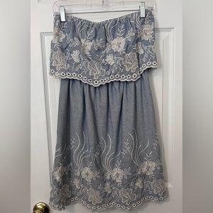 Chambray dress with white eyelit detail strapless with lining